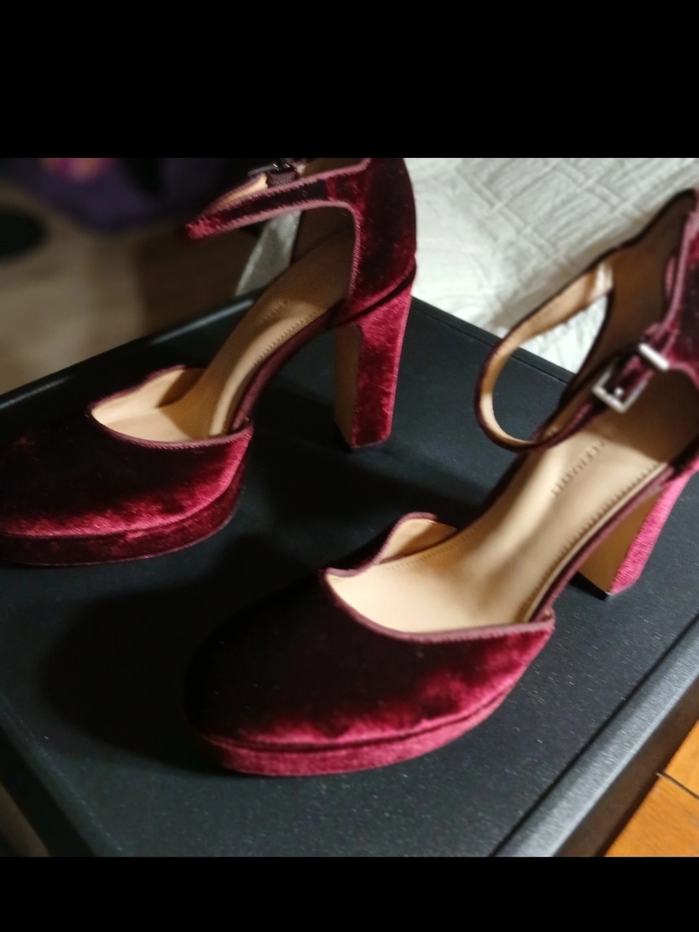 White House Black Market Burgundy Velvet Block Heel Mary Jane